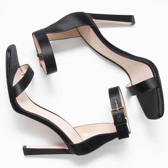 Stuart Weitzman Square Toe Heels Ankle Buckle Sateen Evening Shoes Black 7.5 - Picture 7 of 11